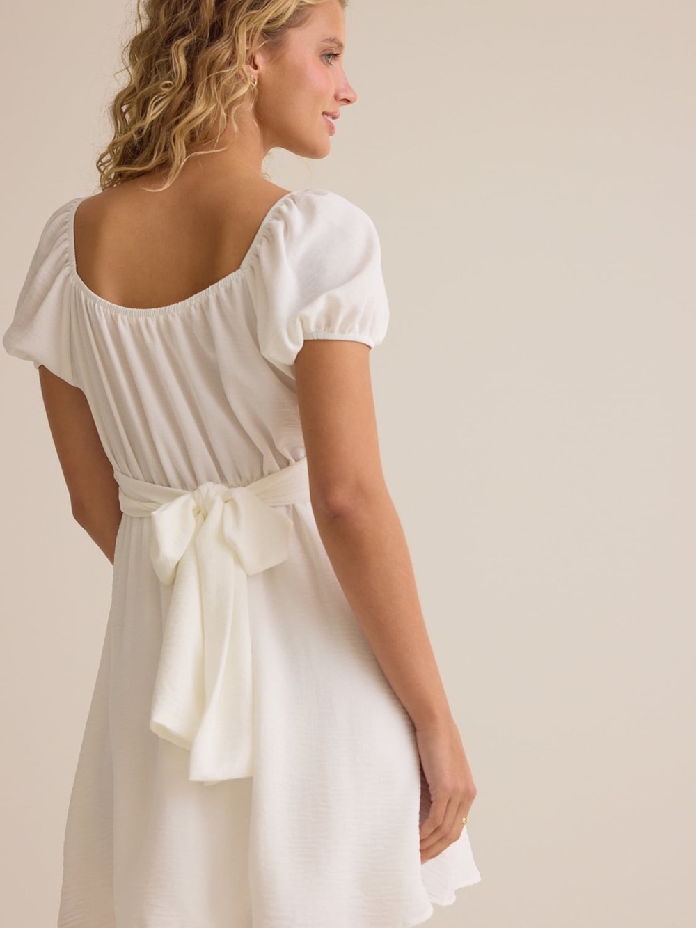 Altar’d State Delilah Crossover White Puff-Sleeve Empire Waist Mini Dress - Picture 3 of 7